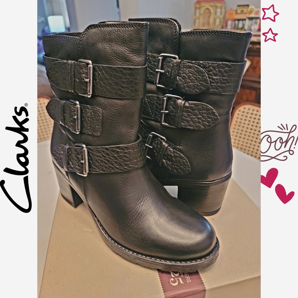 NWT Clarks Triple Buckle Black Heeled Leather Boots Sz 8